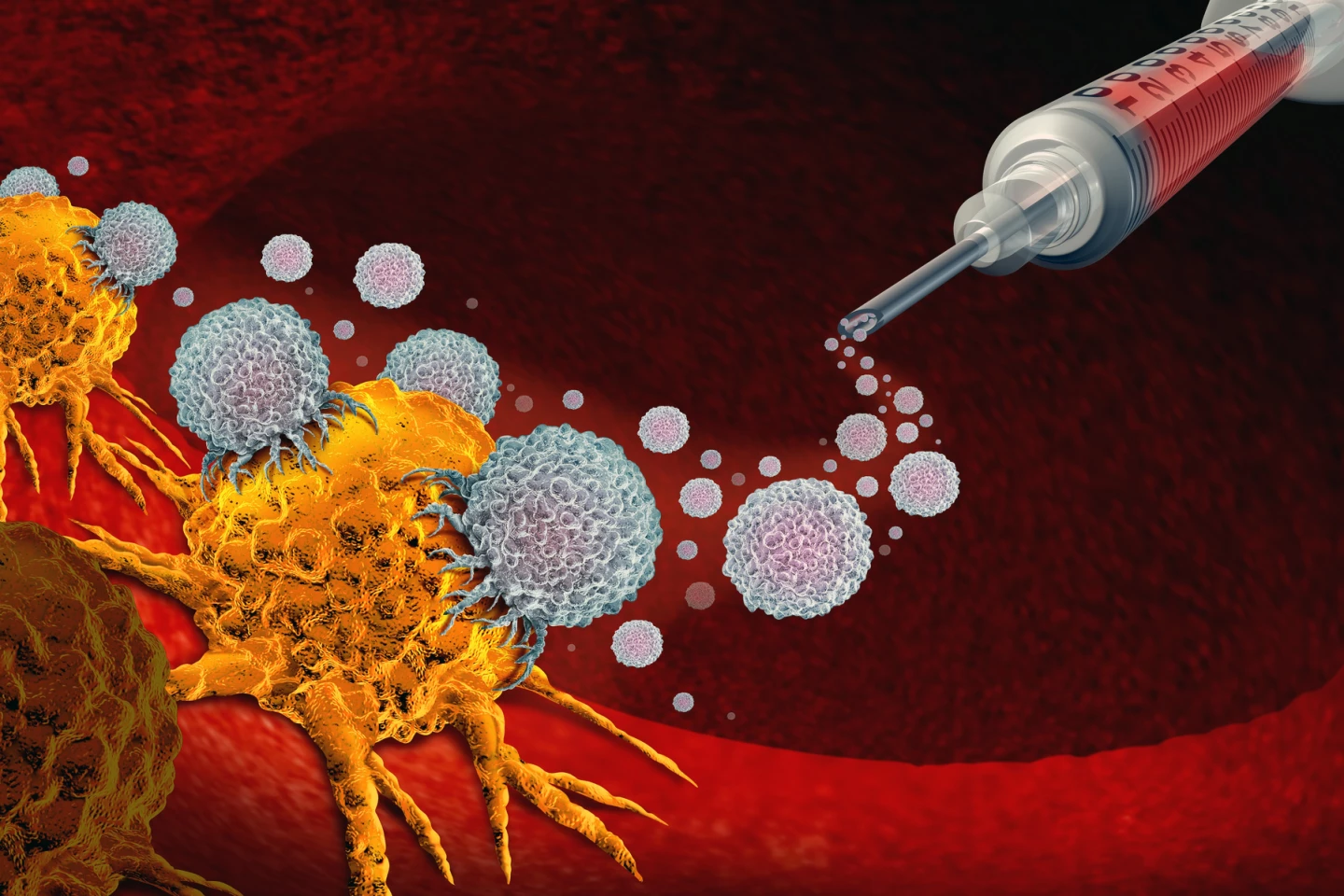 The concept of an injected immunotherapy drug making cancer cells visible and open to attack by T cells