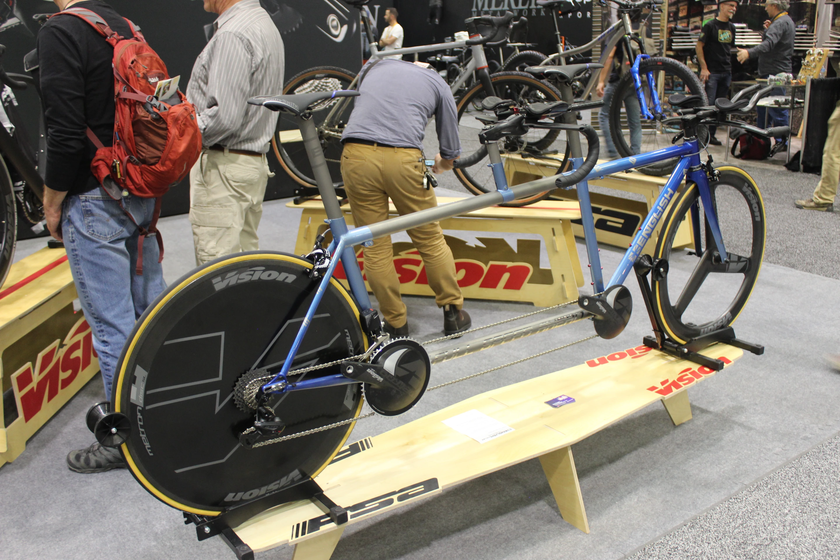 A titanium time-trial tandem from English Cycles, that can be taken apart and packed in cases for travel