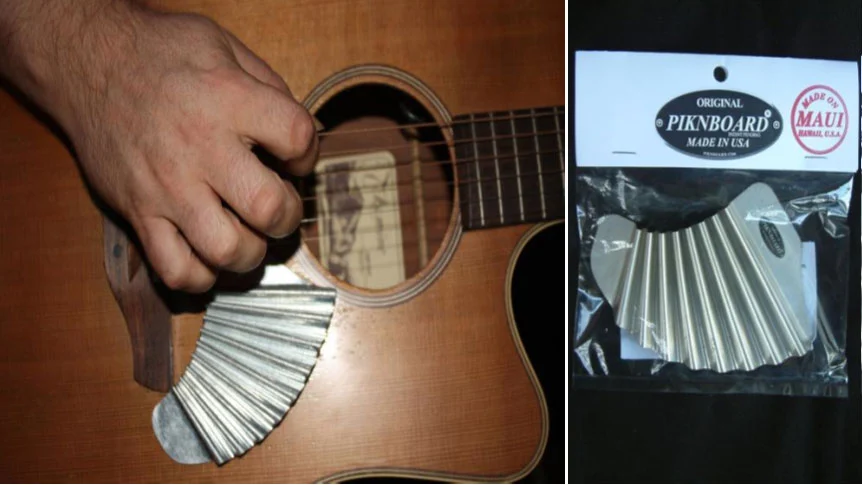 The Pik'N Board is a mini-washboard attached to the face of a guitar that can be used by players to provide their own percussive accompaniment
