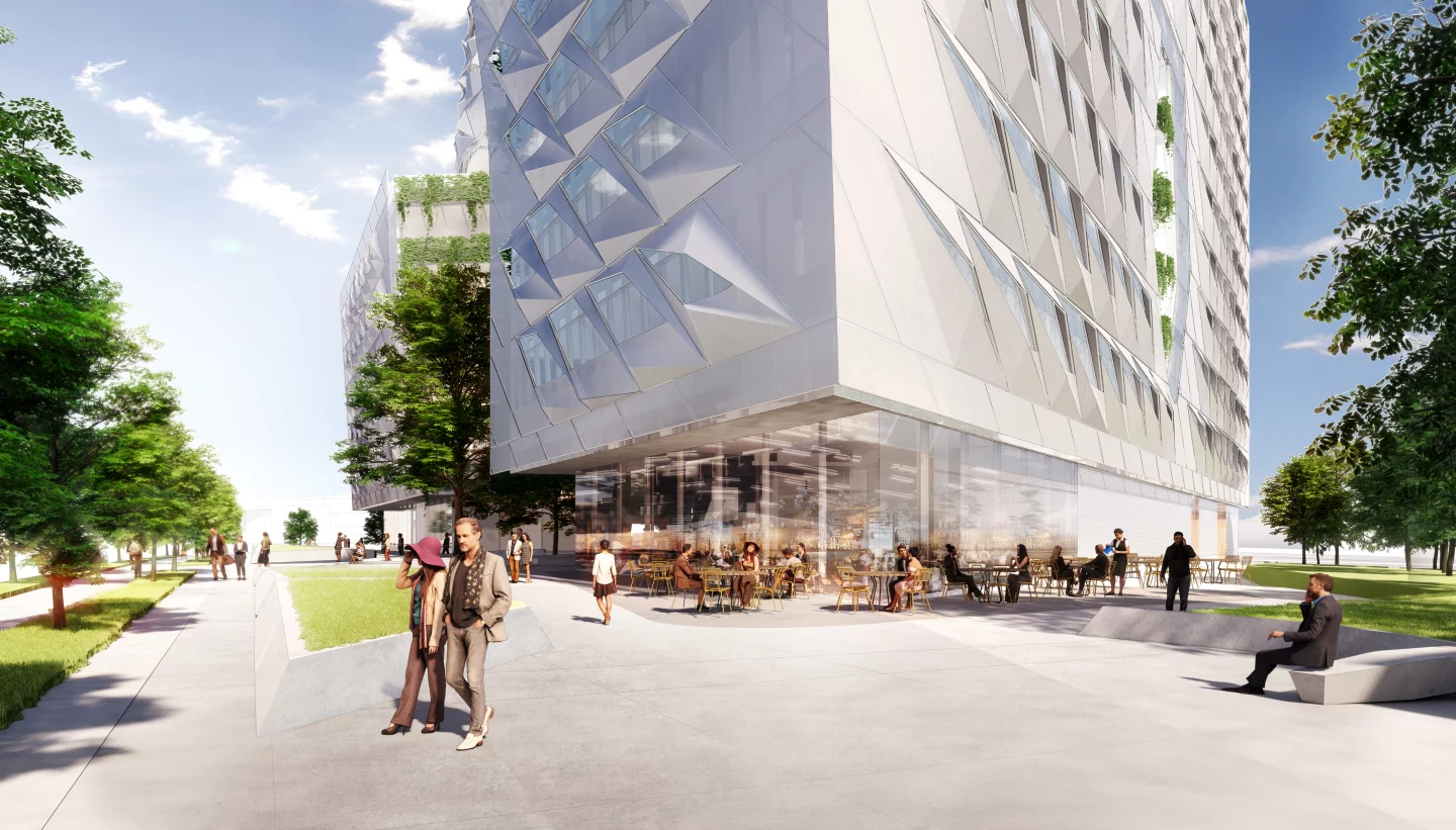 The Store Support Centre will include a public plaza, retail space, and artwork on the ground floor