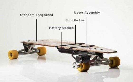 A view of the parts of the Kickr longboard motor
