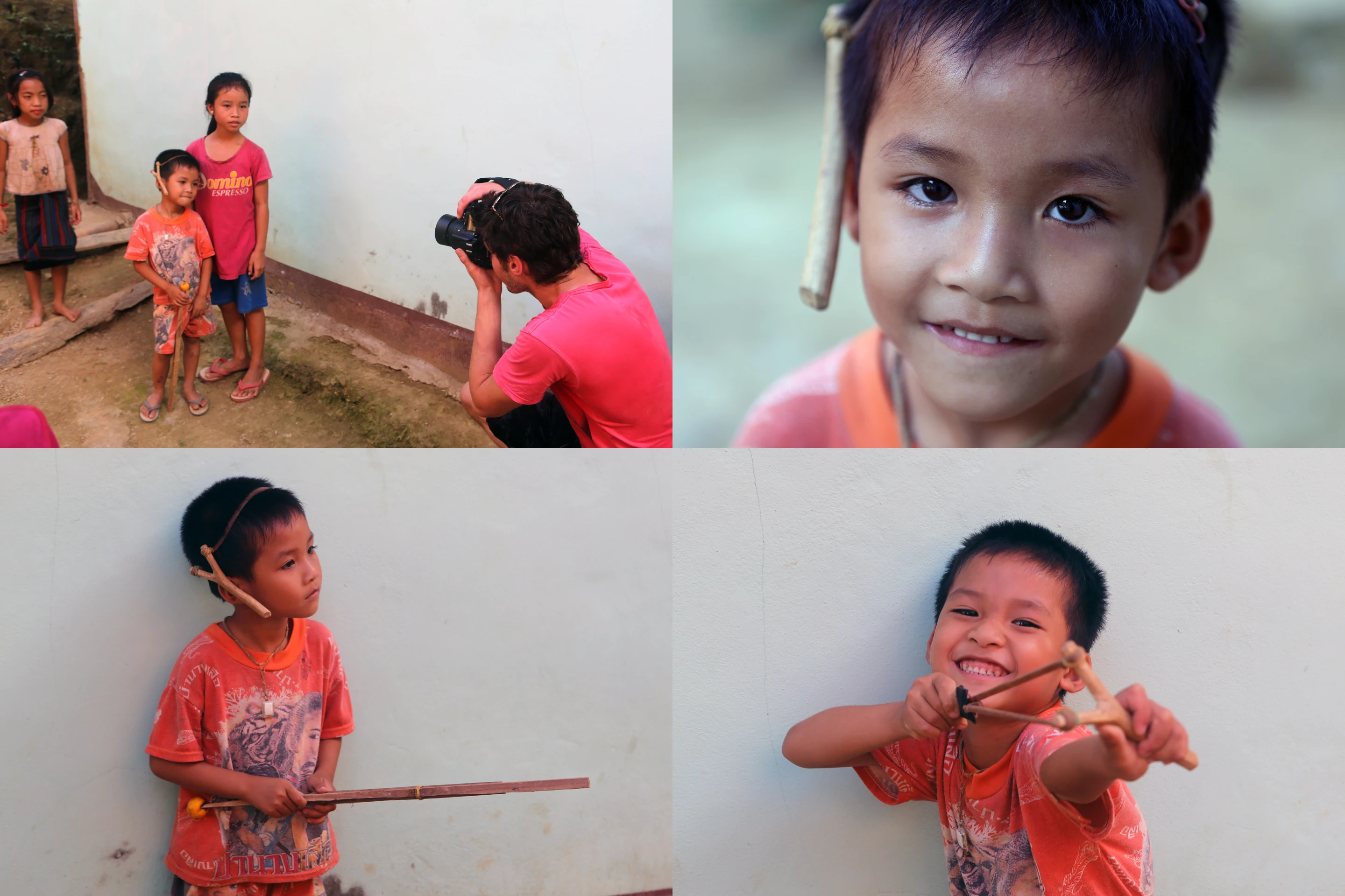 It's a common head-dress in this neck of the woods, and it didn't take long for a demonstration. Growing up in the jungle with a slingshot always at the ready makes for unerring accuracy - just as a Mongolian child can hit you between the eyes from 50 meters with an arrow, so can this little fellow. Other children are quite safe, because he hits what he aims at. Birds in flight are not safe.