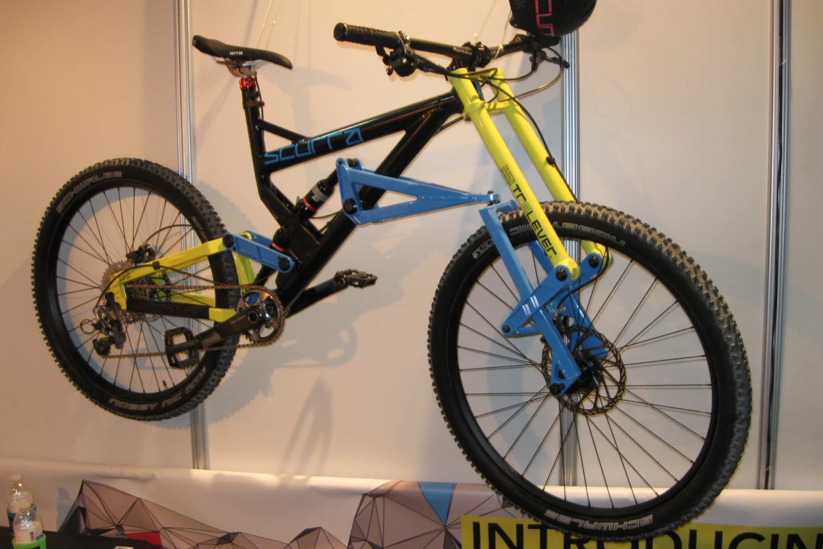 The dual-suspension Hard Enduro mountain bike has two rear shocks ... although one of them serves as a front shock