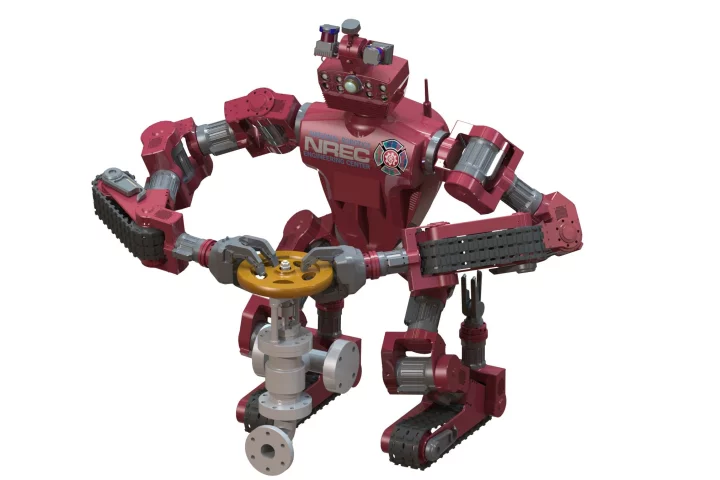 Carnegie Mellon University's CHIMP robot has arms and legs, but moves on rubberized tank-like treads