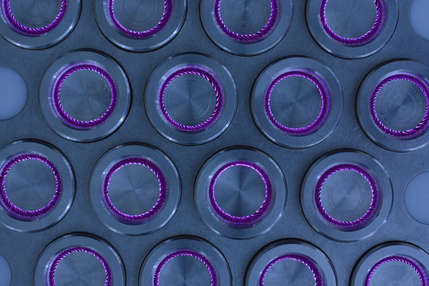 The cold plasma filters, seen here as purple discs, neutralize the odors that pass through them