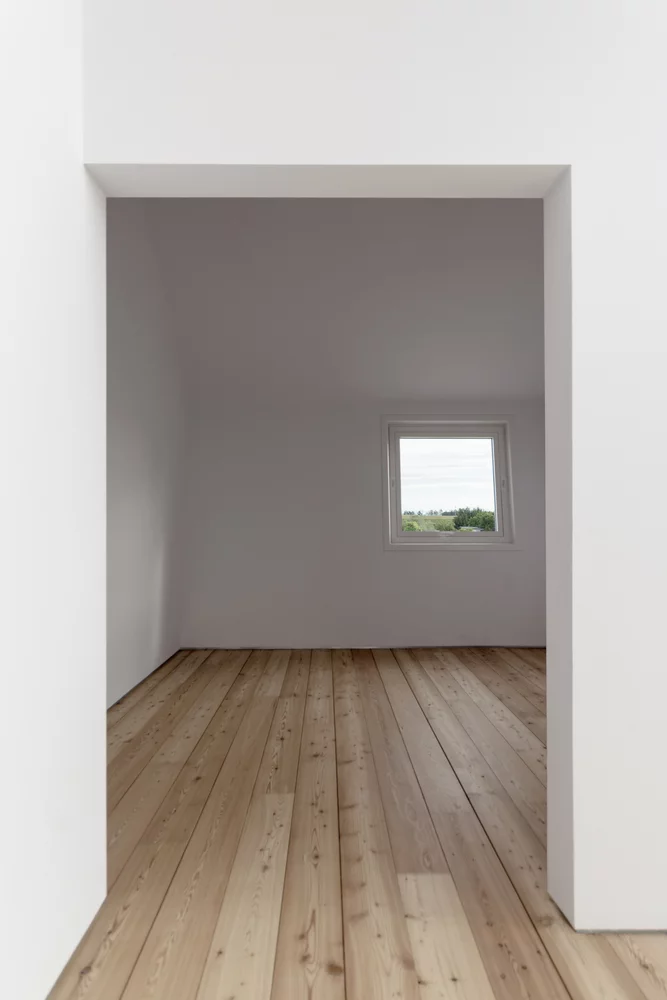 Prefabricated self-supporting panels made from larch wood, polystyrene and fir wood make up the interior walling
