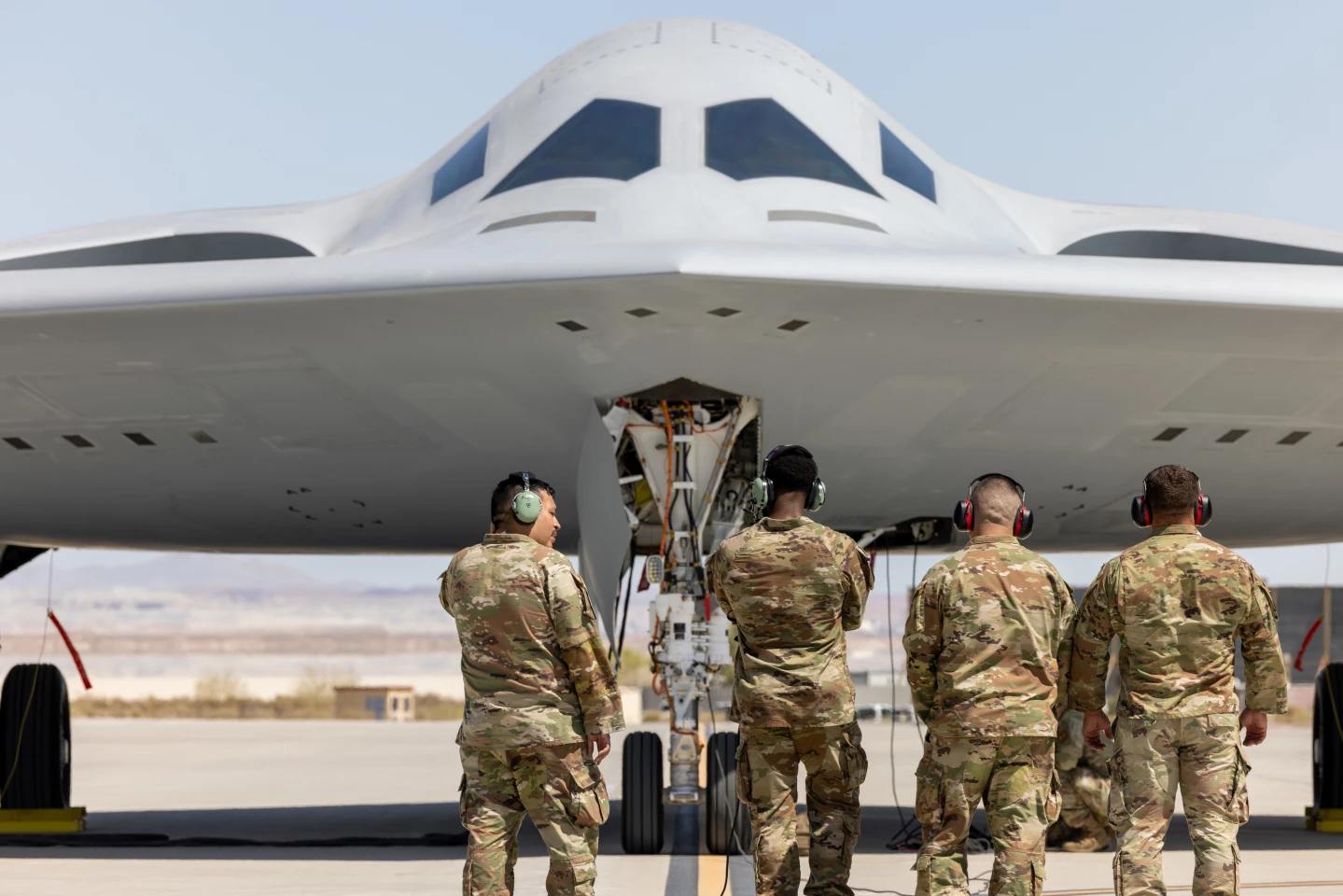 US Air Force Airmen with the 912th Aircraft Maintenance Squadron prepare to recover the second B-21 Raider