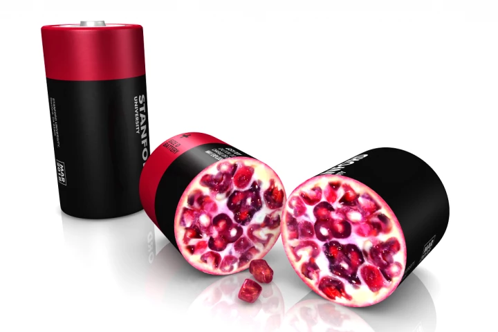 The "pomegranate" design reduces the surface area of the cluster to one tenth of the sum of the individual particles inside, improving overall performance
