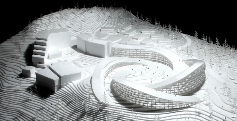 The plans include a futuristic circular structure that will offer guests stunning 360 degree views of the slopes and roof top skiing