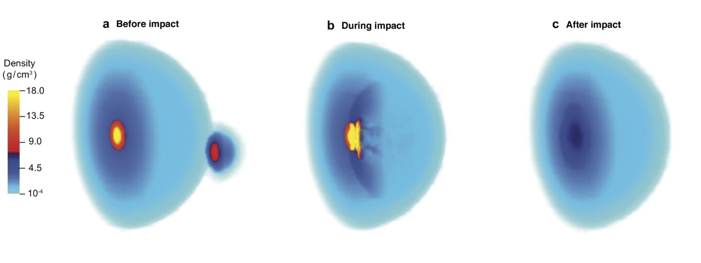A rendering of what an impact between Jupiter and a large planetoid could have done to the gas giant's core, explaining anomalous readings from the Juno spacecraft