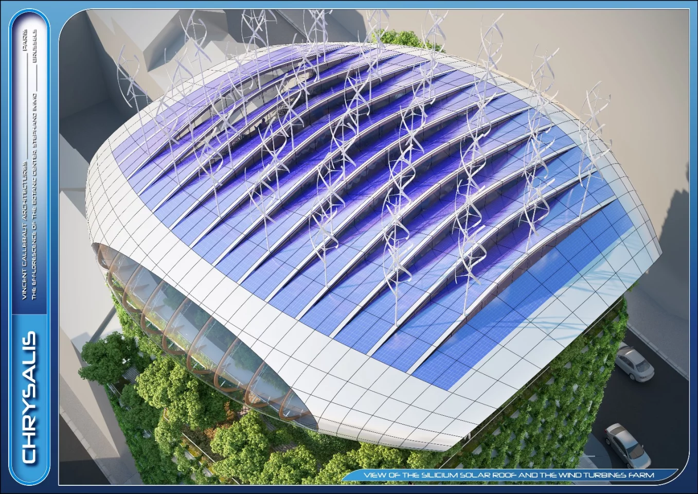 Sustainable technology rated for the project centers around a large solar panel array on the roof, which would combine with 42 wind turbines to produce an estimated 128,340 kWh/year