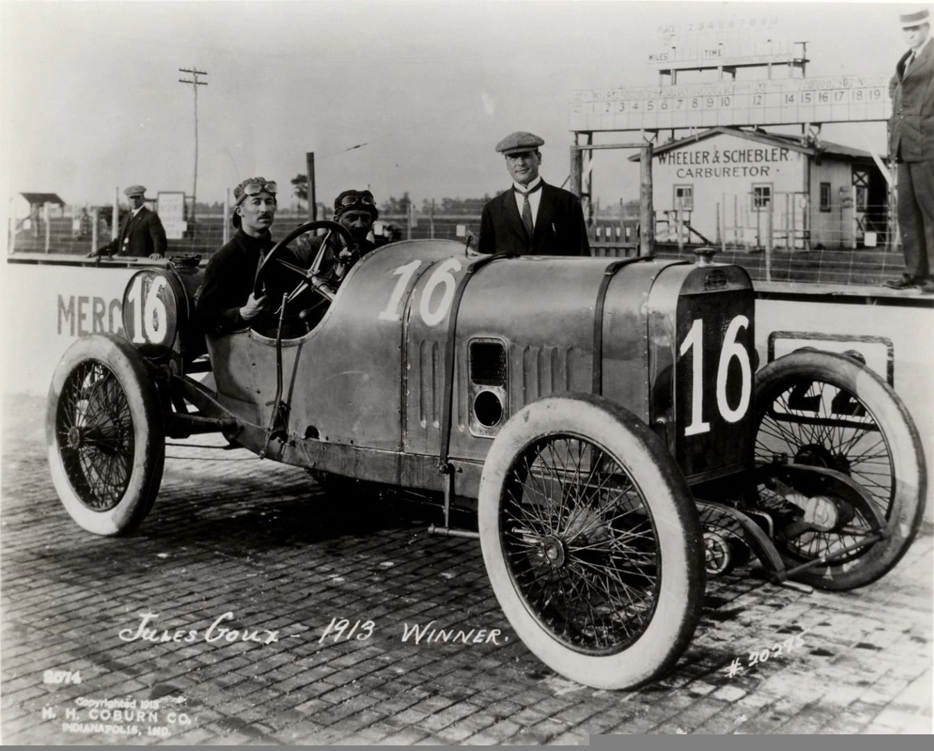 Frenchman Jules Goux in the winning Peugeot at the 1913 Indianapolis 500.