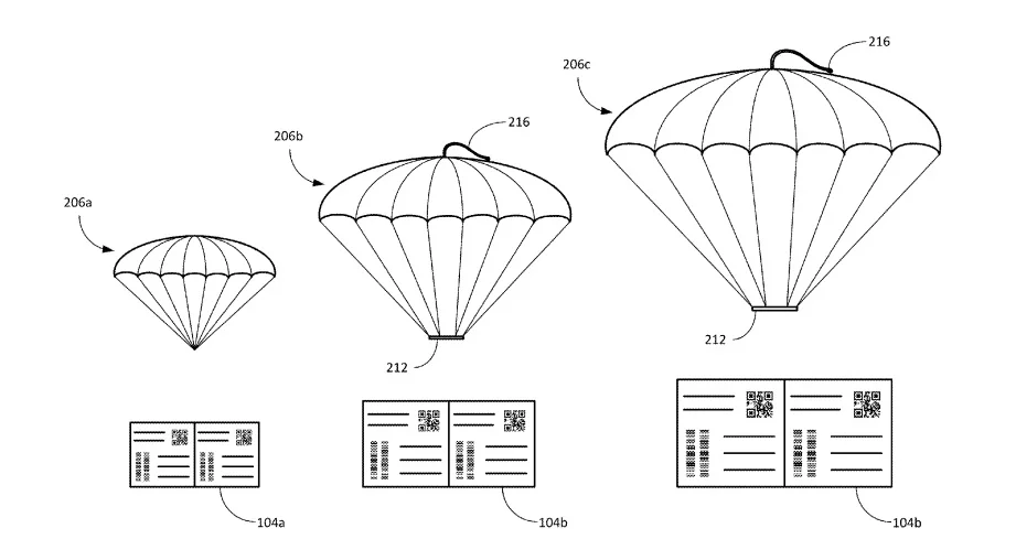 The shipping label parachutes could come in a range of sizes, depending on the size and fragility of the package