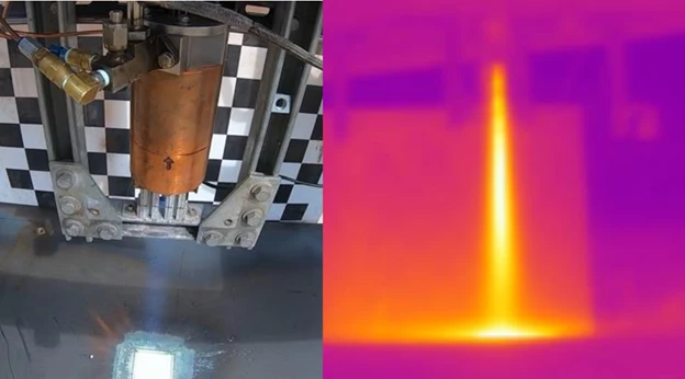 Hot fire test using an alumina plate and Masten’s rocket engine test stand, with FLIR thermal image on the right