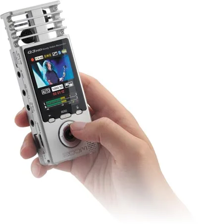 The Q3HD features a dedicated record button below the 2.4-inch screen