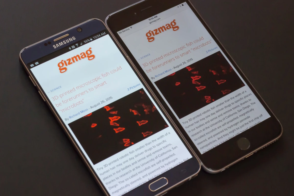 It's screen technology 101, as Gizmag breaks down the differences between AMOLED (on the Galaxy Note 5, left) and IPS (on the iPhone 6 Plus)