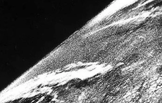 This grainy image is from 1946 and is officially the first image of Earth taken from space