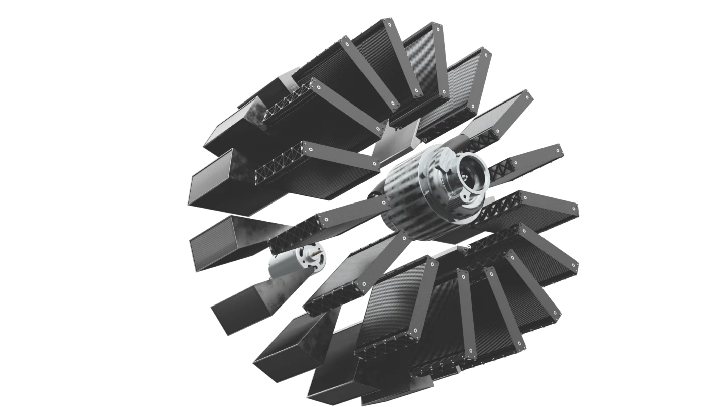 Exploded version of a production design, with the air compressor in the center