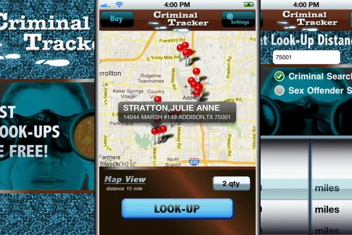 U.S. Publications Inc has released an app for iOS devices called Criminal Tracker, which tracks and identifies the location of criminals such as sex offenders within a 40 mile radius of a given area