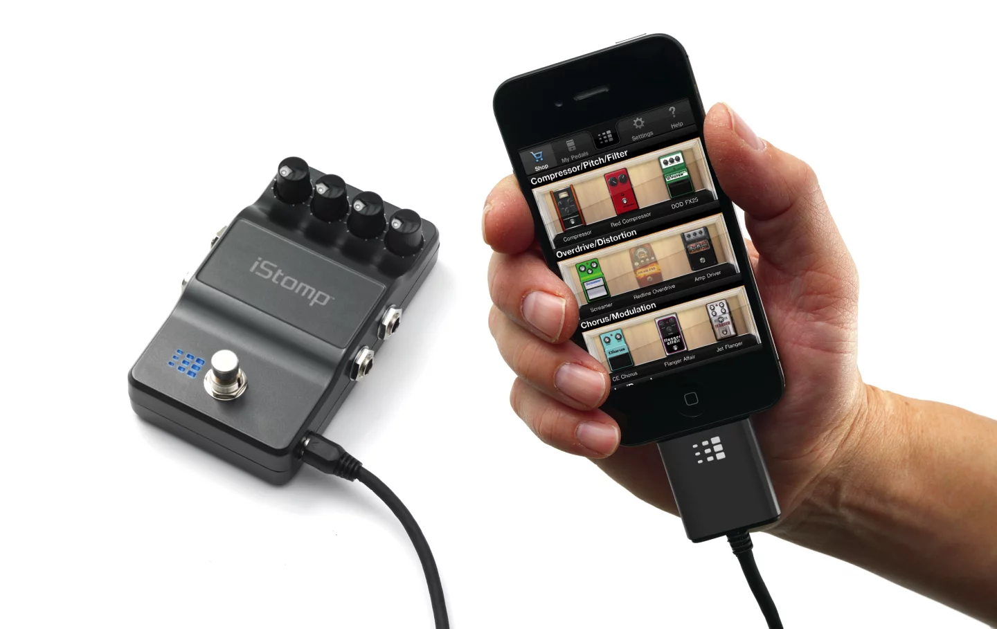 After choosing an effect from the online StompShop, a user downloads it to the iStomp pedal, overwriting whatever effect was previously in residence