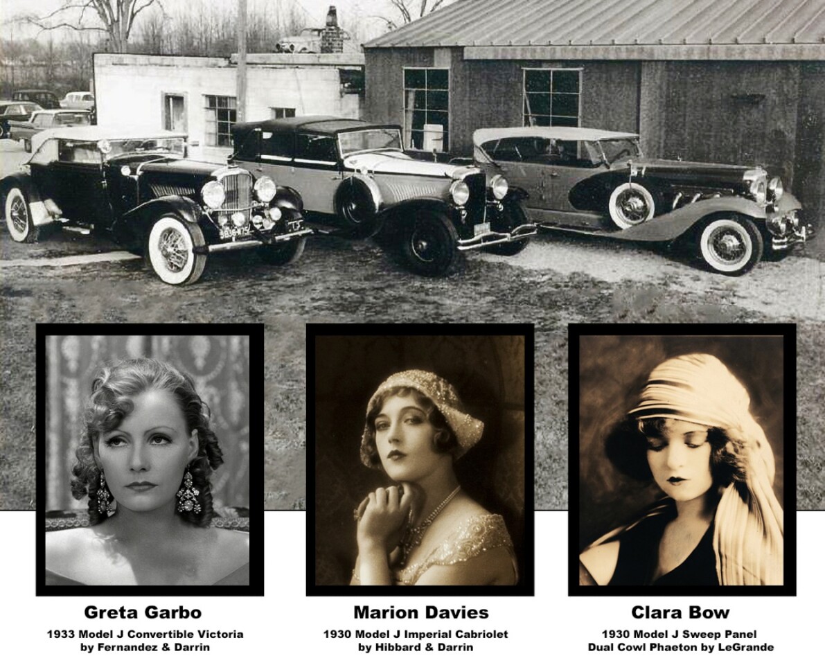 The three cars above belonged to Greta Garbo, Marion Davies and Clara Bow. Greta Garbo's car ( left) was the most expensive car ever to sell at auction in 1972 when it fetched $90,000 at a Kruse International auction. In 1987, Kruse again sold it for $1.4 million. Marion Davies' (center) Duesenberg is often attributed to the ownership of press mogul William Randolph Hearst but Davies was his mistress and Hearst showered her with gifts, the Duesenberg being one of them. Clara Bow (right), who became known as "the It girl," was the leading actress of the 1920s and "came to personify the Roaring Twenties".