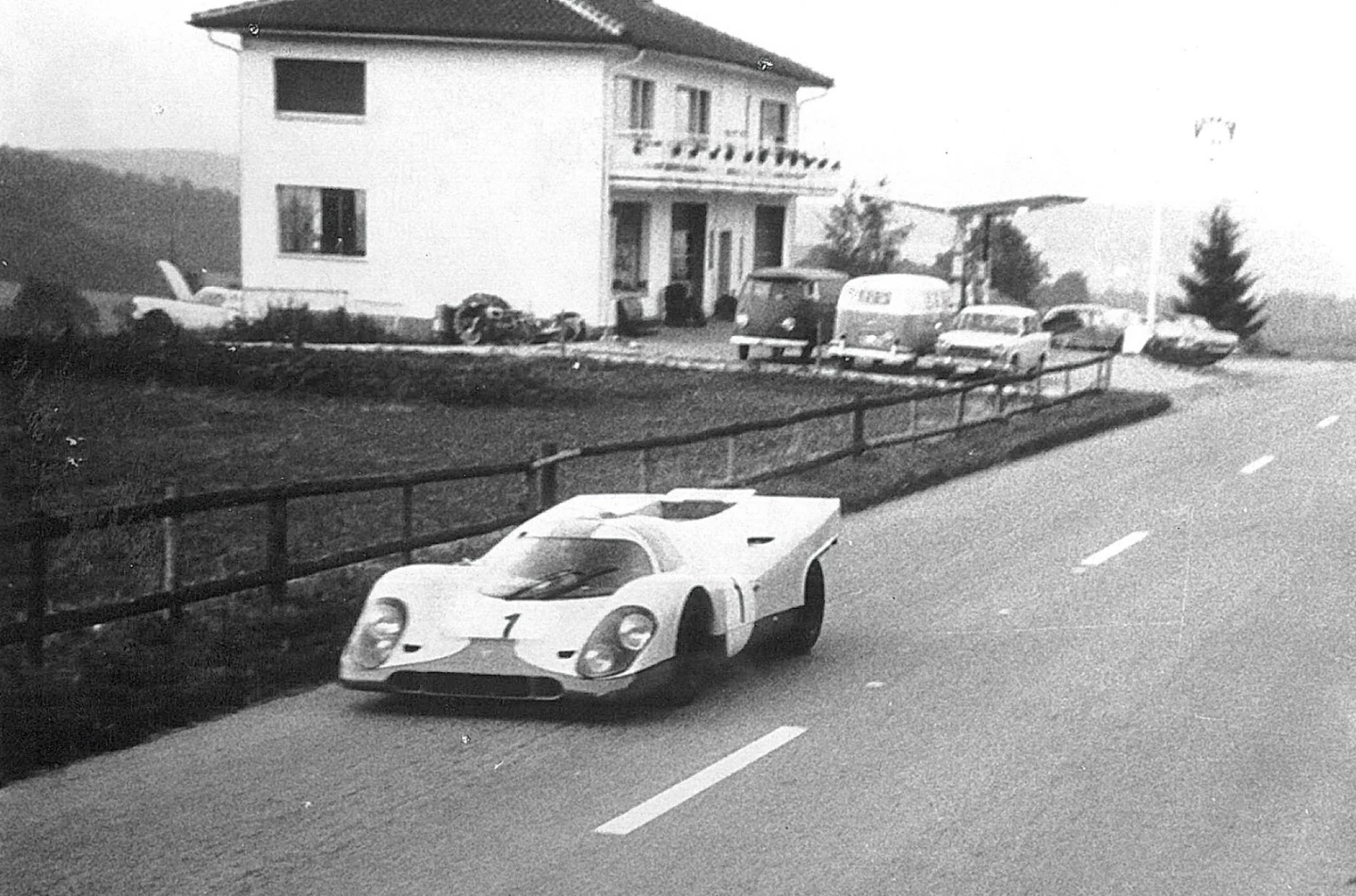 Jo Siffert in his road-registered Porsche 917K en route to his birthday party in Fribourg, Switzerland on 7 July 1971. The car set the world auction record for a Porsche
