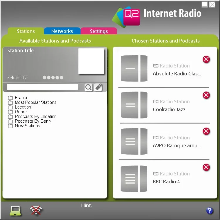 Upon launch, the software interface opens at the Stations tab and suggests a few places to start choosing your four from the thousands available