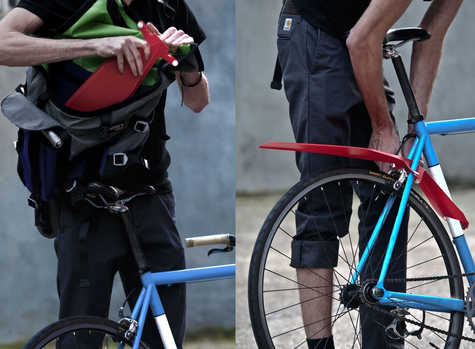 The QuickFix mudguard attaches to a bike in seconds, and packs flat when not in use