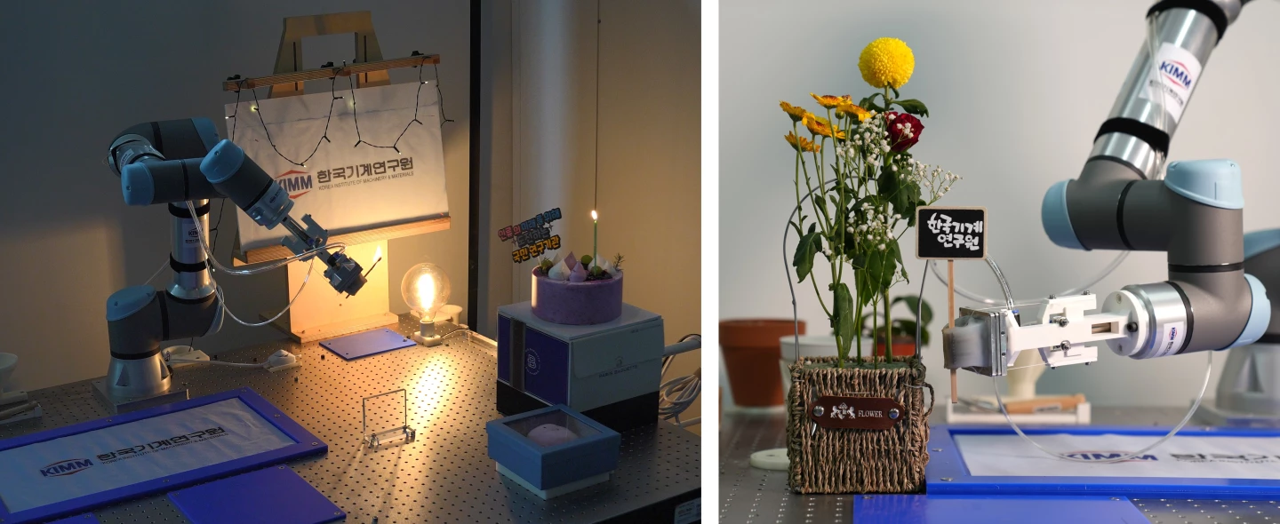 The KIMM gripper has been tasked with preparing a party by hanging lights, wrapping a gift, placing candles on a cake and lighting them with a match (left), and arranging flowers and objects in a decorative plant pot (right)