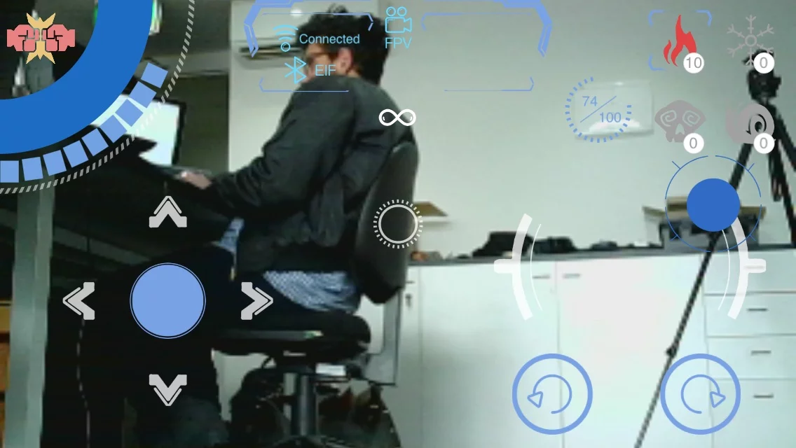 Geio can be driven from a first-person perspective: the joystick on the left steers, the one on the right aims the gun on the head and the two buttons under that rotate the wheels left or right