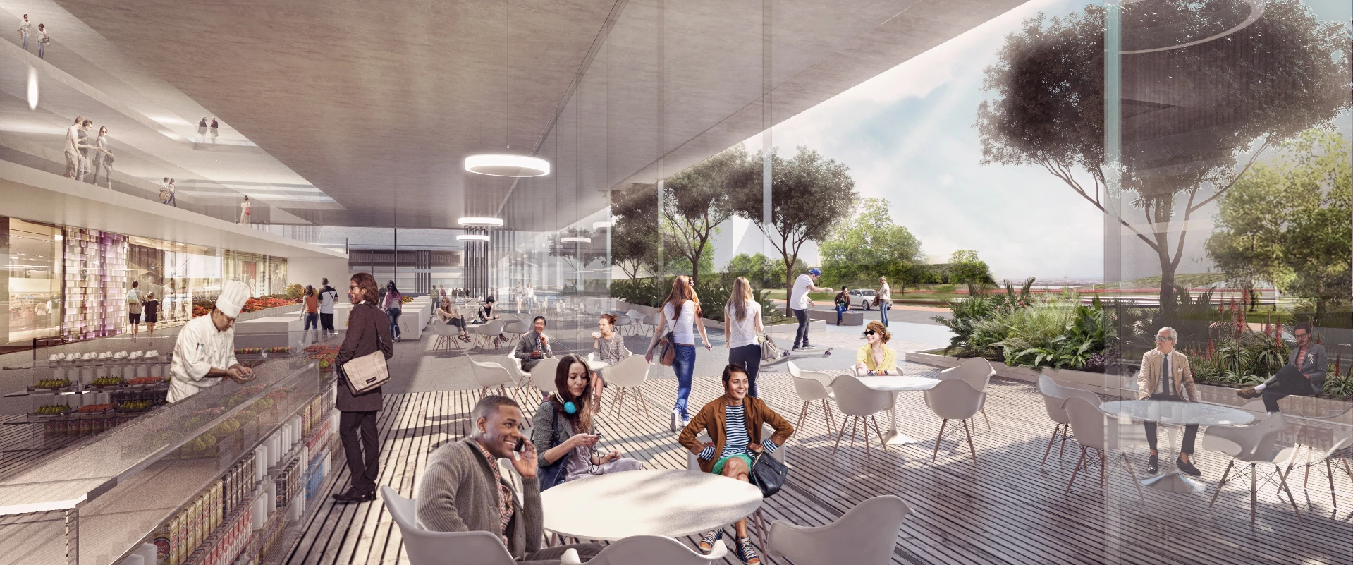 The new on-land facilities at Currie Park will include residential towers, a pool terrace overlooking the sea, shops and an organic food hall
