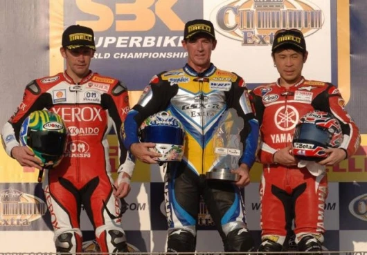 The podium after the second leg, with Corser first, Bayliss second and Haga third