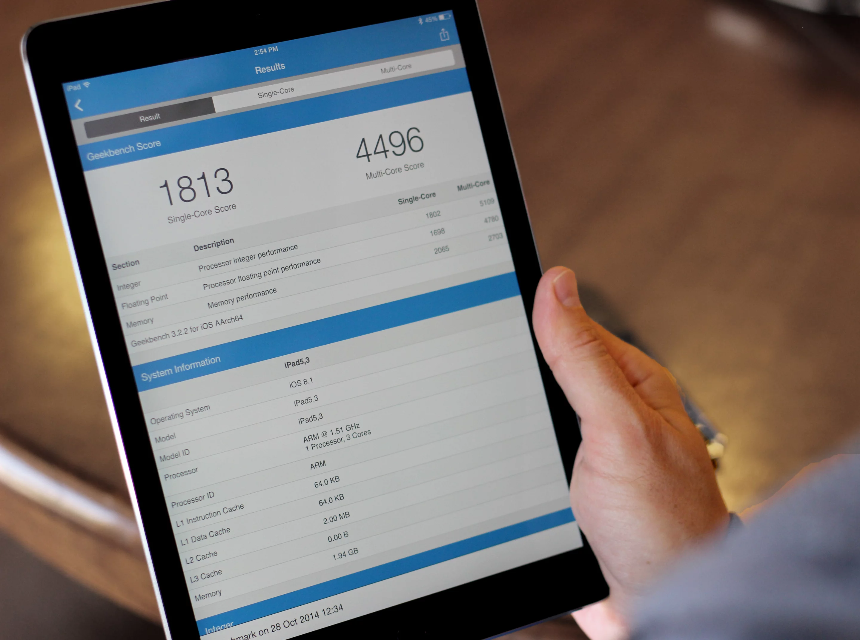 Geekbench 3 results for the iPad Air 2 (Photo: Will Shanklin/Gizmag.com)