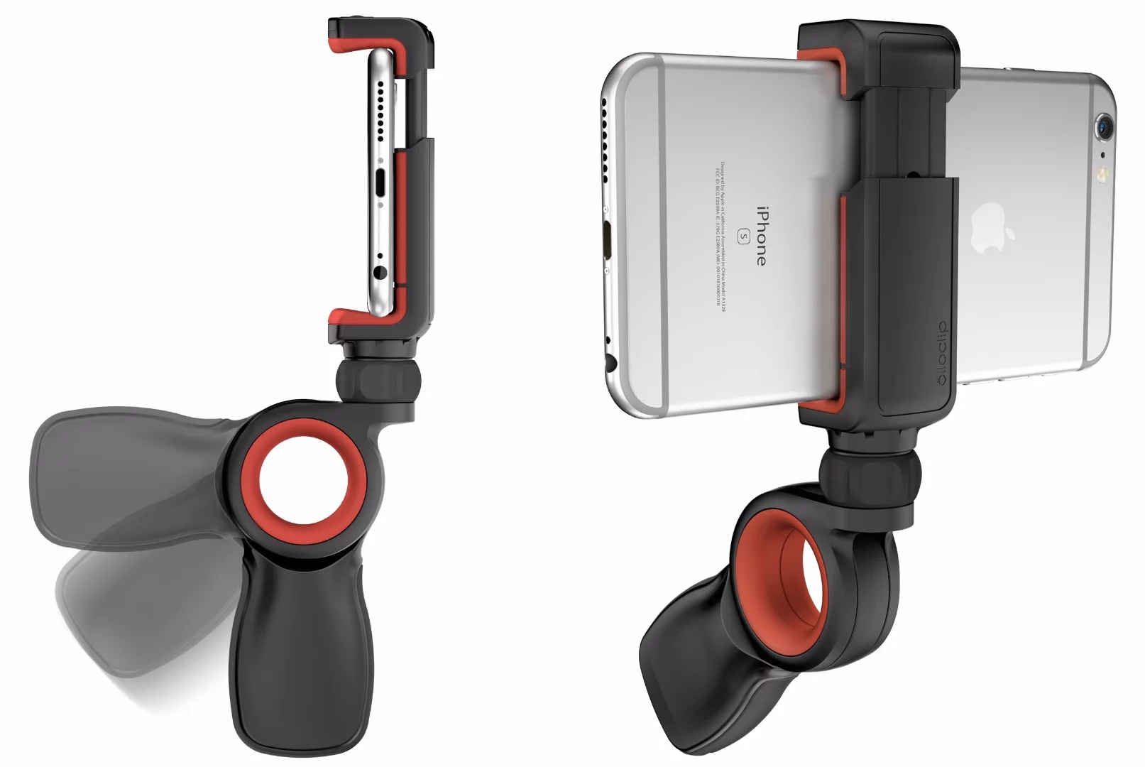 The articulating hub of the Olloclip Pivot video grip provides 225 degrees of rotation
