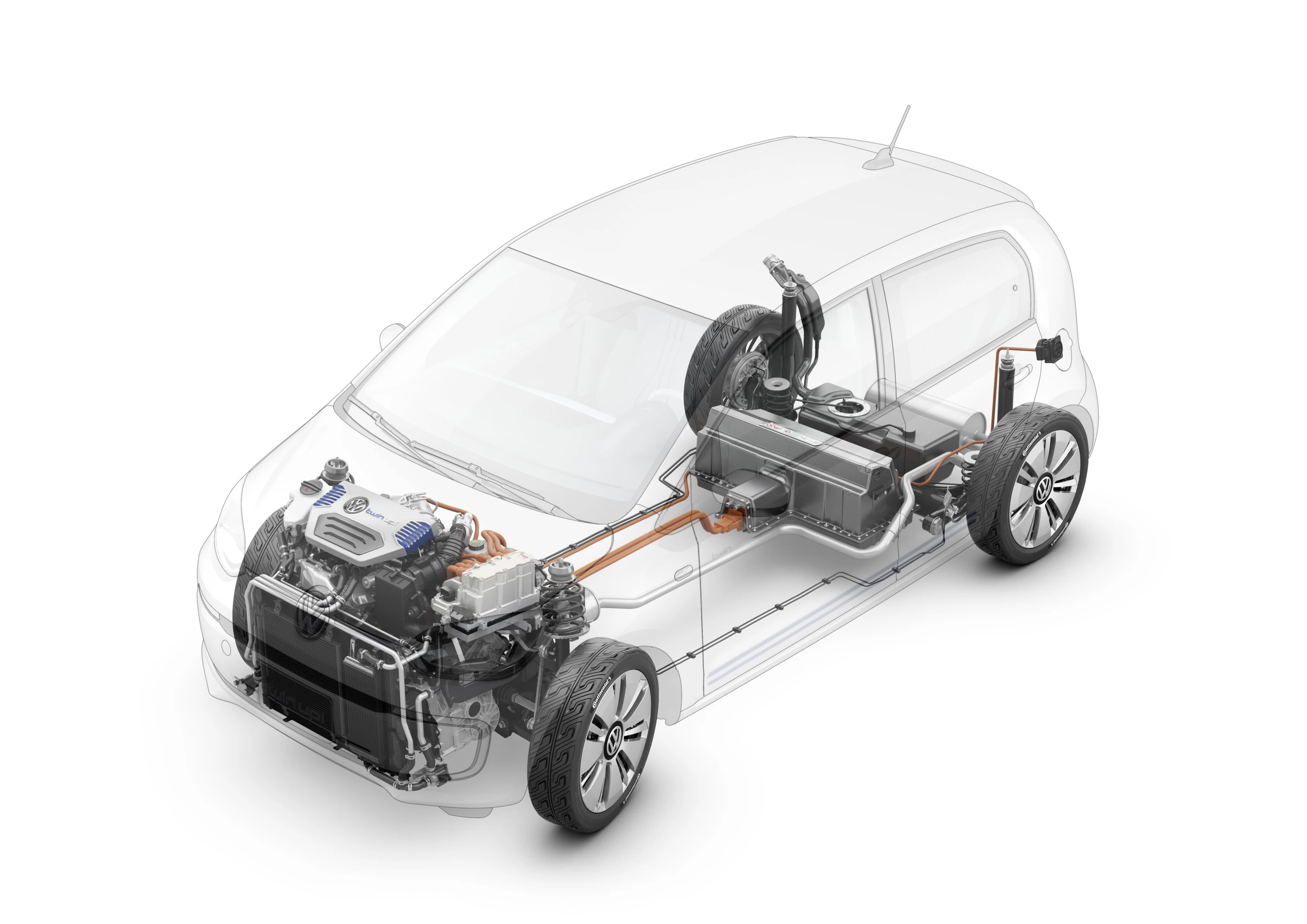 An 8.6 kWh battery and 33 liter gas tank are mounted behind the rear seat with the 0.8 liter diesel engine mounted up front