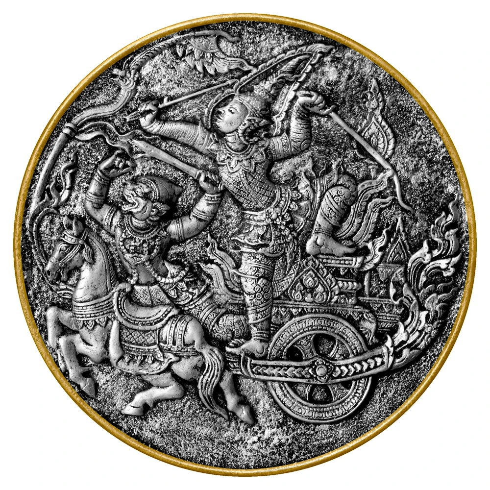 Black and white image of an antique medallion showing Arjuna and Hanuman, characters from Hindu mythologyImage ID: 10500544 Release information: N/A Copyright: Dwight Smith