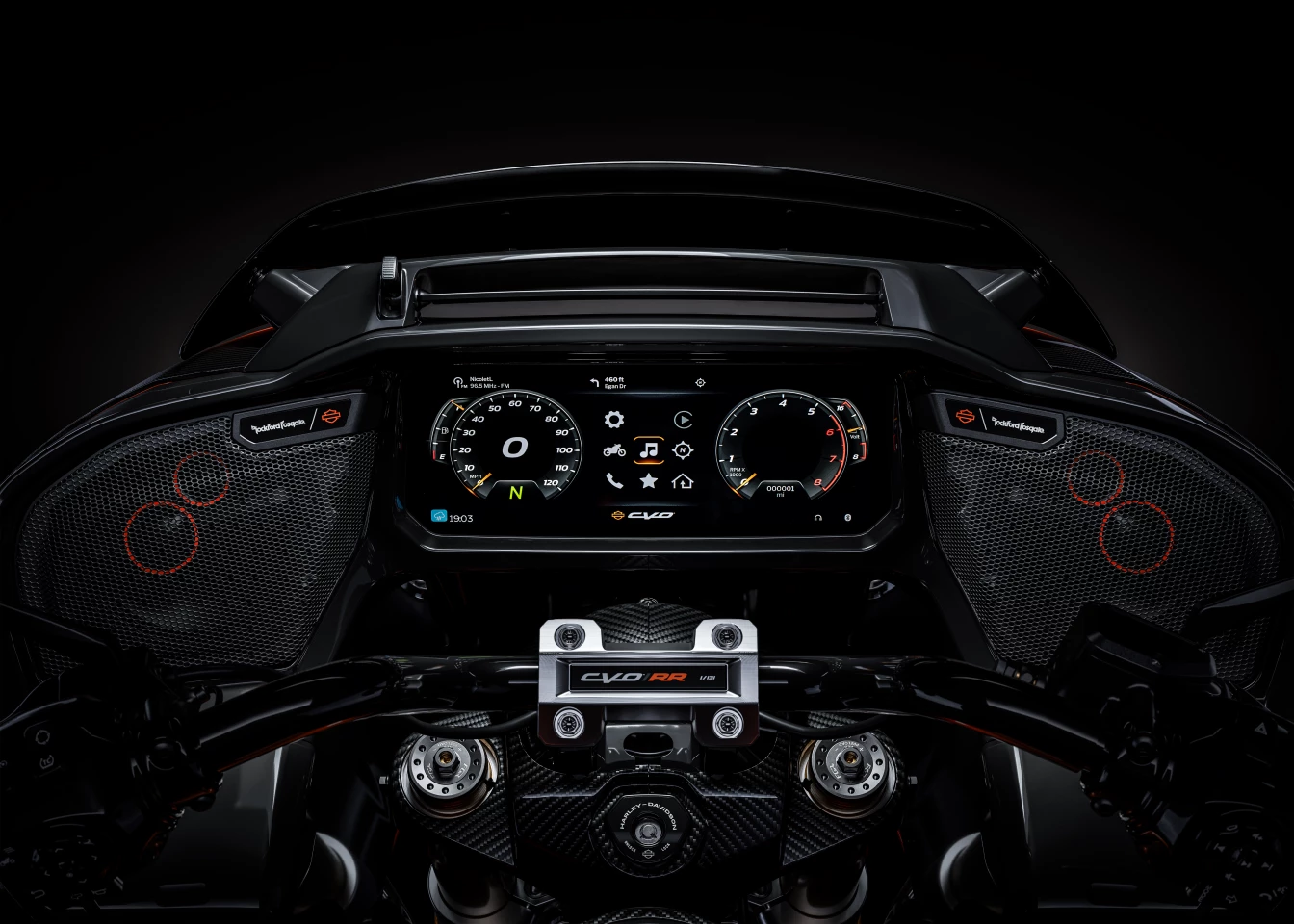 The 2025 Harley-Davidson CVO Road Glide RR comes stock with a brand-new, high-performance Harley-Davidson Audio system driven by Rockford Fosgate Stage III