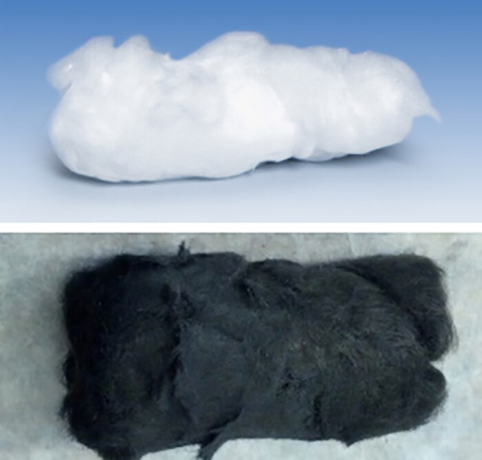 The quartz fiber and carbon nanotube filter, before and after soaking up toxic metals