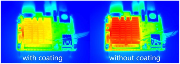 An infrared image of two heat sinks, with and without the MOC coating
