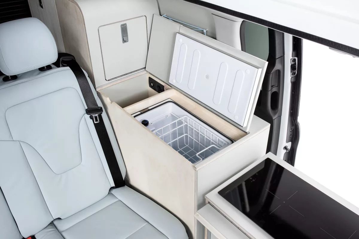 The EQV Touring comes with a 36-L fridge box integrated neatly behind the kitchen
