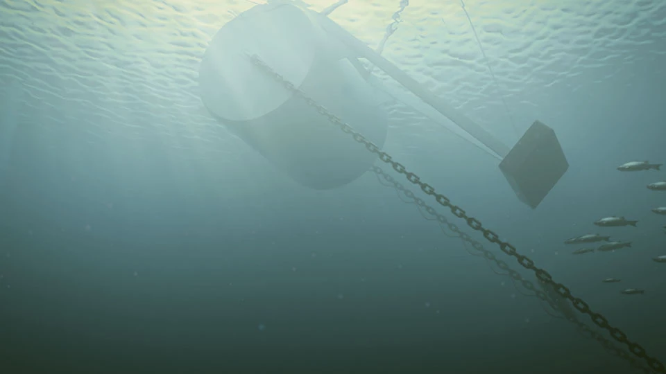 Buoyant barrel floats are anchored to the sea floor