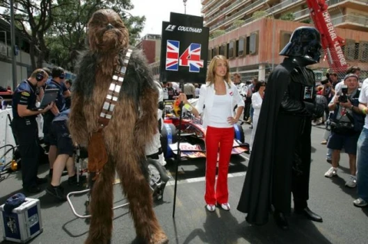 Chewbacca and Darth Vader on the grid with David Coulthard at Monte Carlo