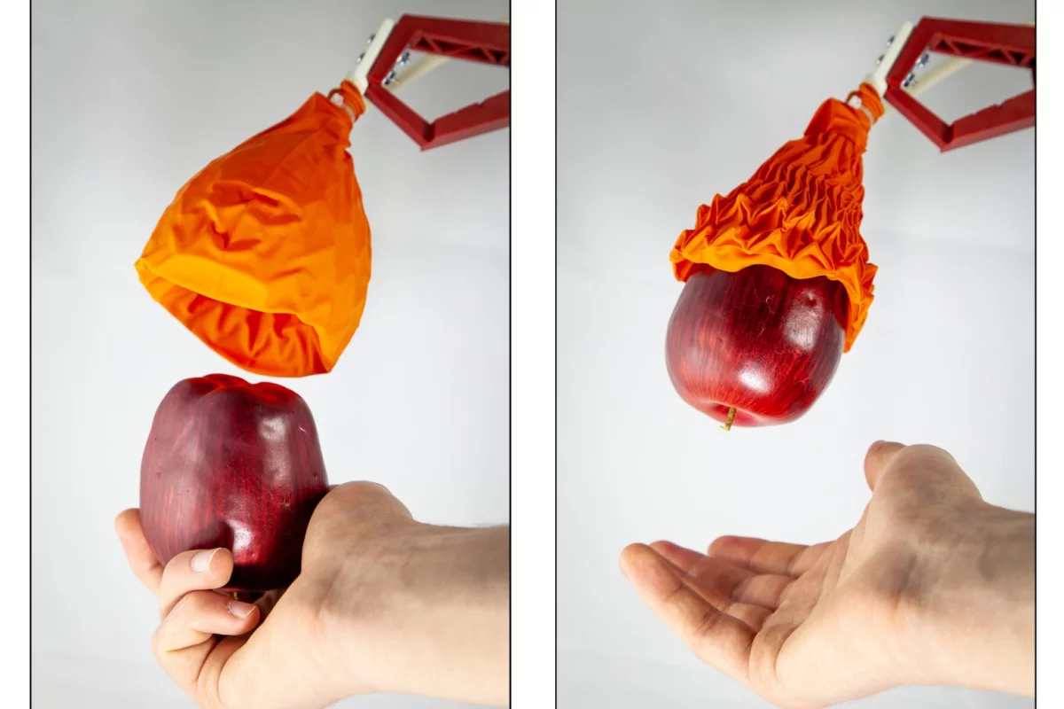 The Magic Ball gripper consists of a skeleton made from cone-shaped origami structure that is connected to a vacuum device and wrapped in an airtight skin