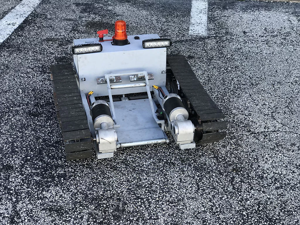 The finished Aircraft Tug, which is remote-controlled using an iPhone and has enough pulling power to trundle a Cessna 310 out of its hanger
