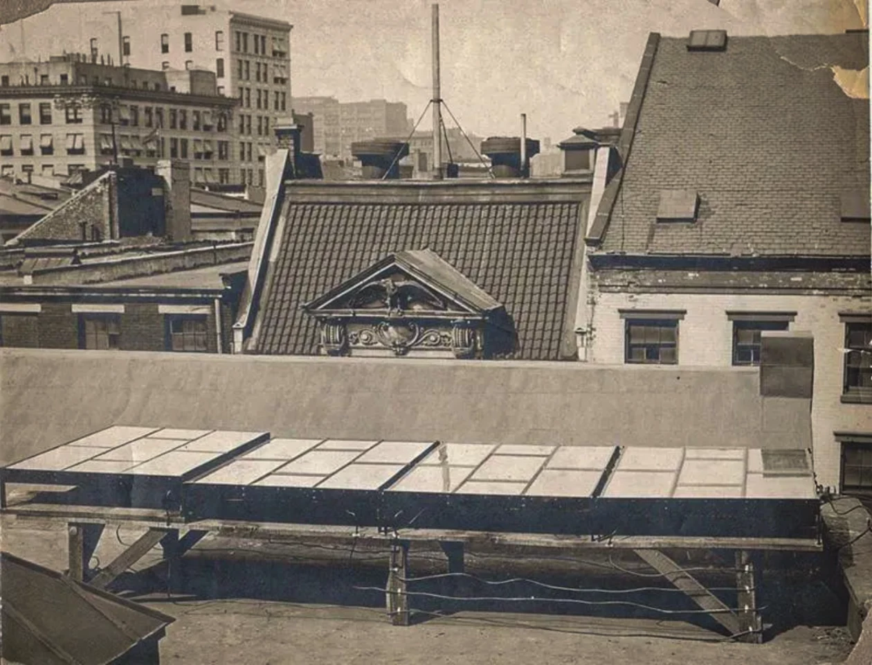 The first solar array ever installed, by Charles Fritts on a New York rooftop in 1884