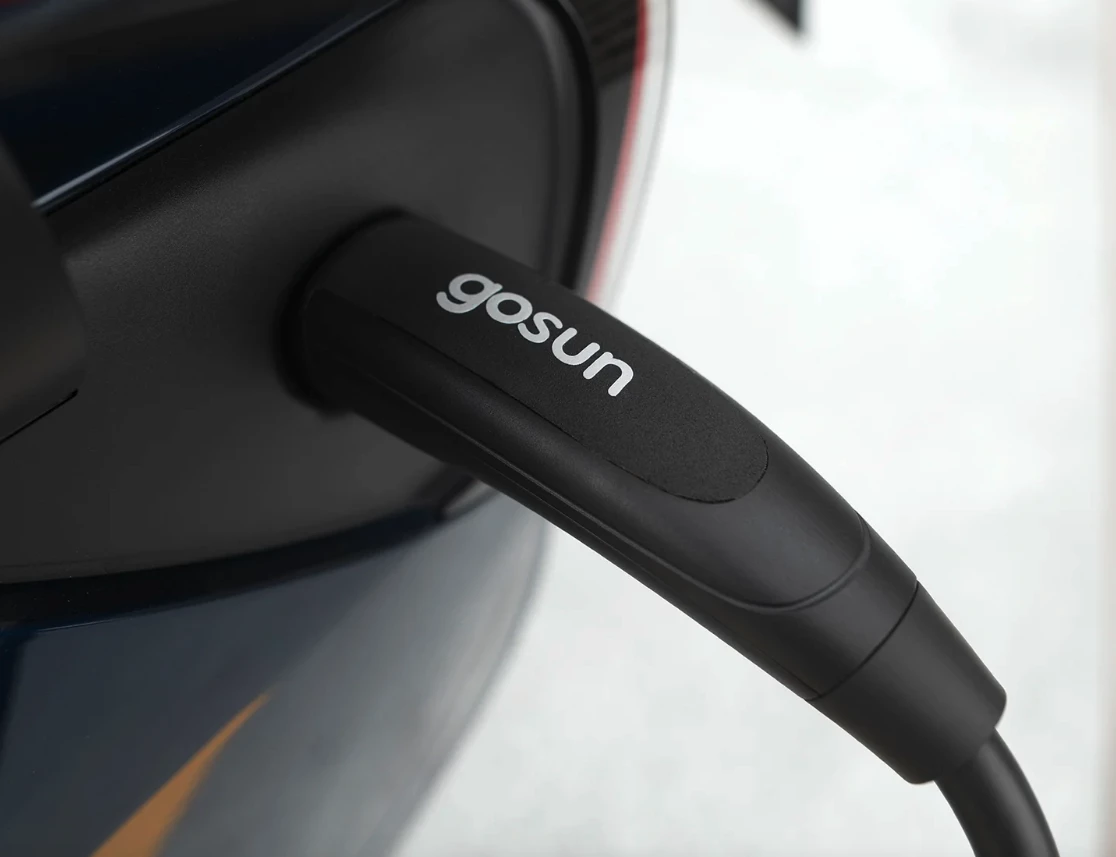 The 120-V GoSun plug secures directly to the EV's charging port