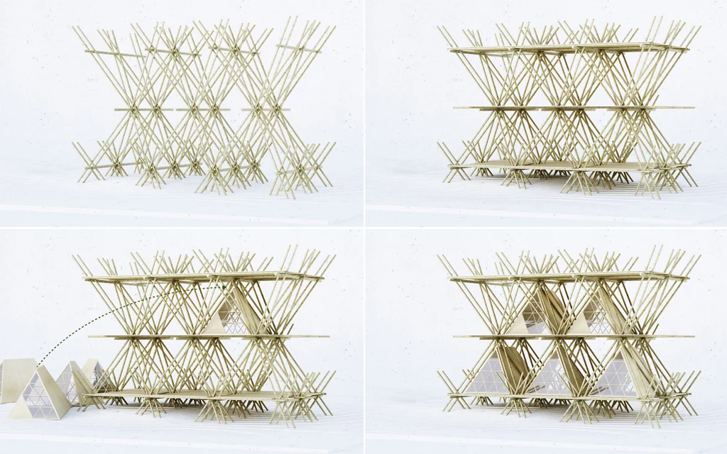 Architectural drawing showing the binding of the bamboo (Image: Penda)