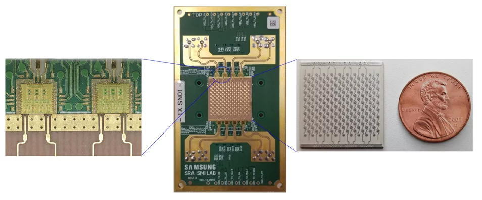 The different components of Samsung's new 6G prototype: radio frequency circuits (left), the phased-array module (center), and the antenna array (right)