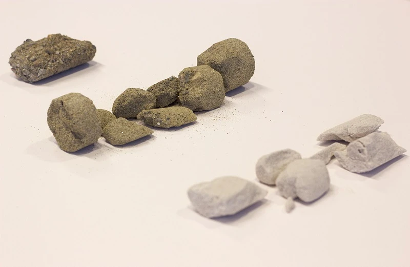 The bacteria absorbs the calcium chloride and produces calcium carbonate, creating a biological, cement-like mixture