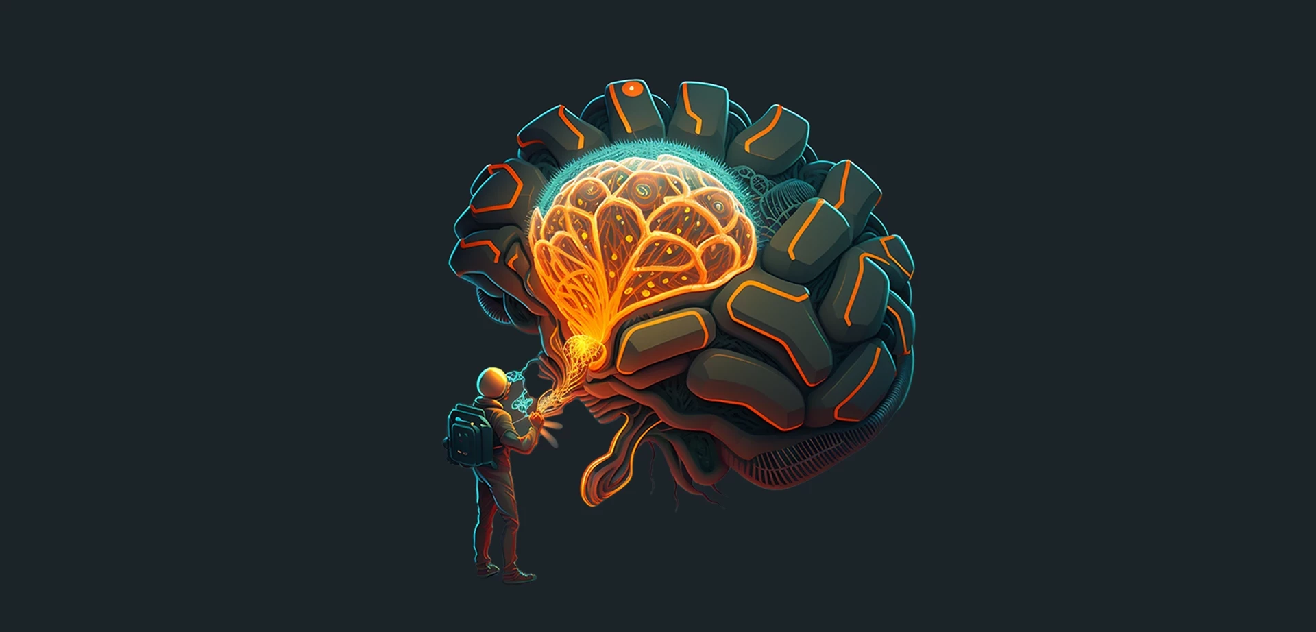 Computer illustration of man dressed as maintenance worker working on a brain